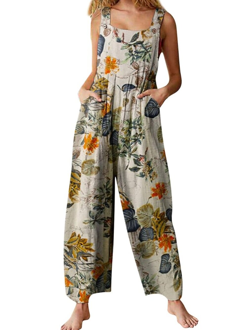 Women's Patchwork Dual Pocket Jumpsuit Loose Floral Print Bohemian Wide Leg Bib